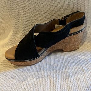 Clarks. Sandal. Black. Wedge. Cork. Suede. 3” heel. Velcro closure. Like new.